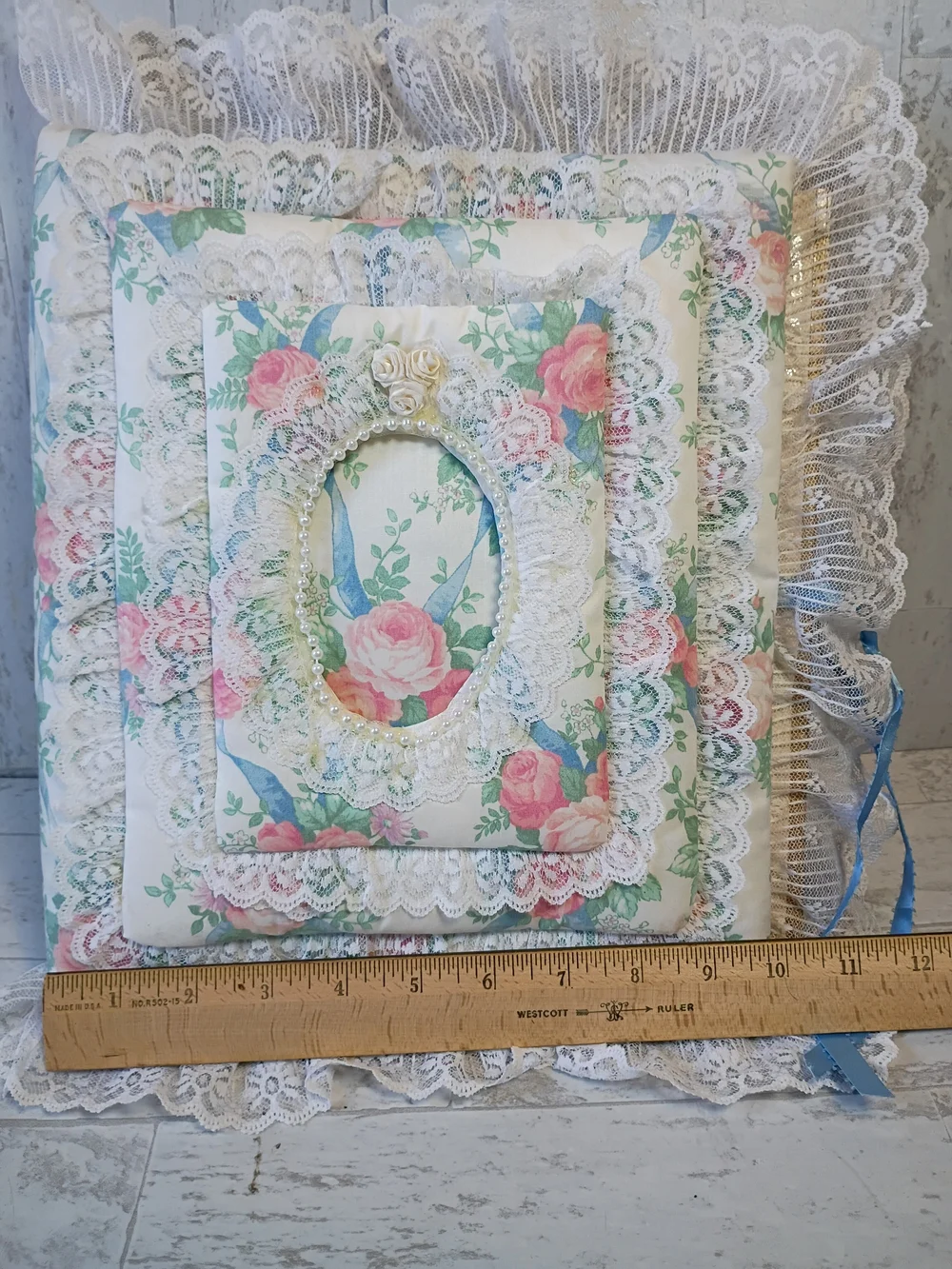Vintage Album Hand Made Floral Lace Cottagecore Romantic  in Cream, Pink & Blue